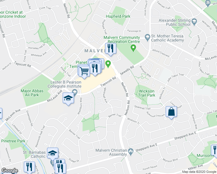map of restaurants, bars, coffee shops, grocery stores, and more near in Toronto