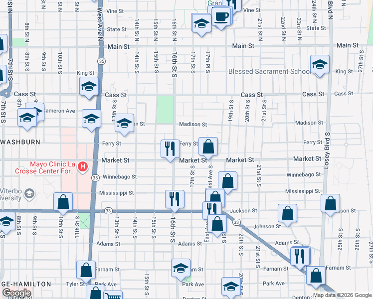 map of restaurants, bars, coffee shops, grocery stores, and more near 524 17th Street South in La Crosse