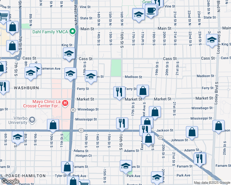 map of restaurants, bars, coffee shops, grocery stores, and more near 530 16th Street South in La Crosse