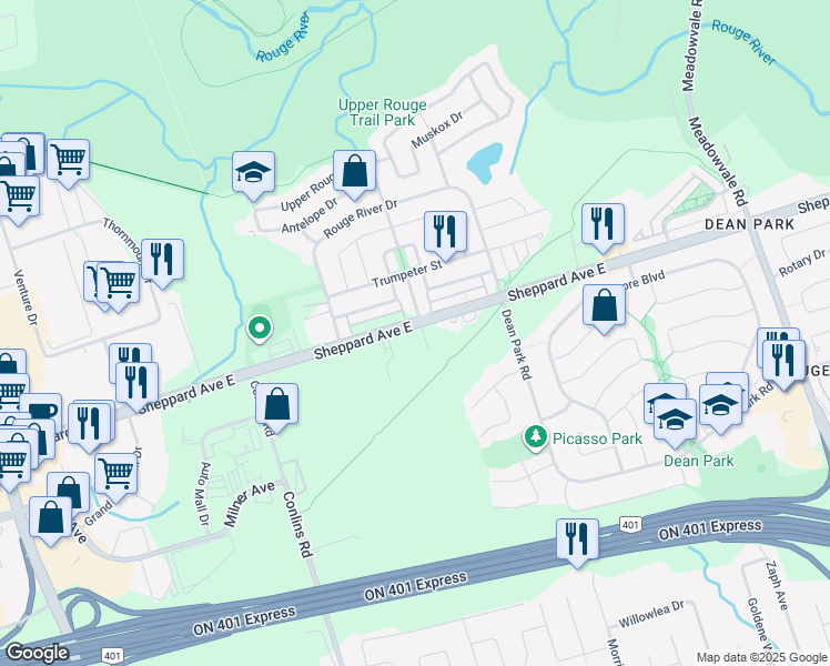 map of restaurants, bars, coffee shops, grocery stores, and more near 8833 Sheppard Avenue East in Toronto