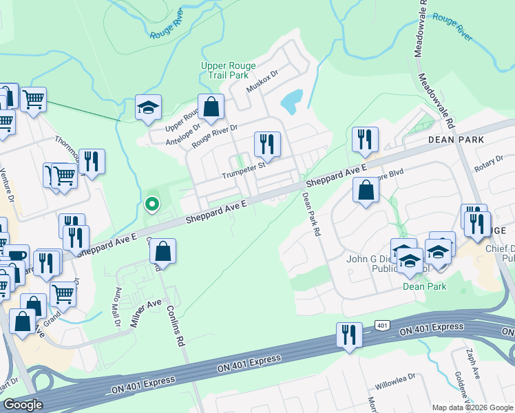 map of restaurants, bars, coffee shops, grocery stores, and more near 8855 Sheppard Avenue East in Toronto