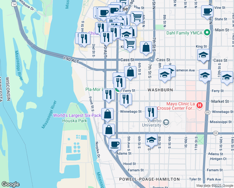 map of restaurants, bars, coffee shops, grocery stores, and more near 807 U.S Highway 61 in La Crosse