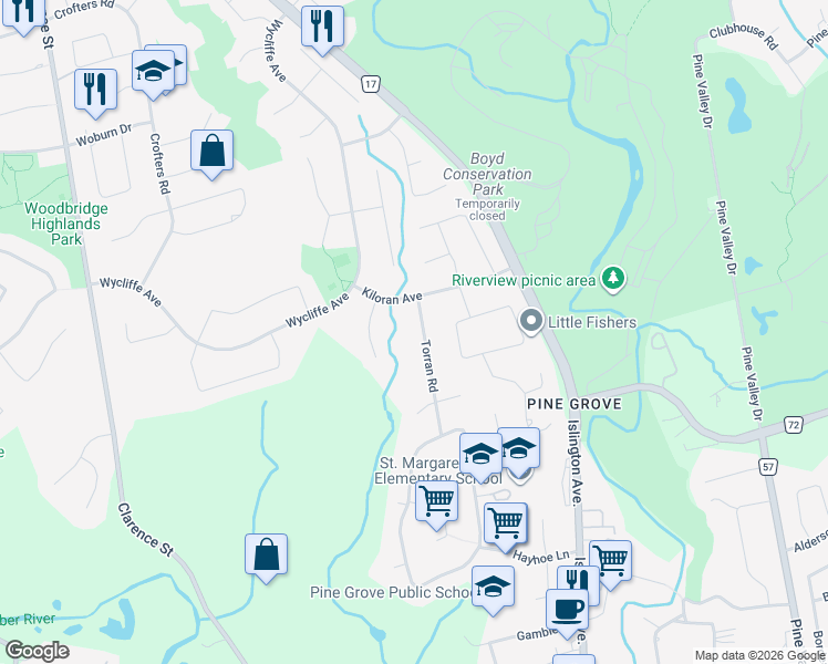 map of restaurants, bars, coffee shops, grocery stores, and more near 119 Kiloran Avenue in Vaughan