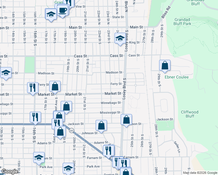 map of restaurants, bars, coffee shops, grocery stores, and more near 433 22nd Street South in La Crosse