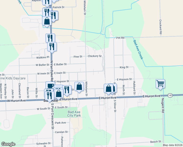 map of restaurants, bars, coffee shops, grocery stores, and more near 601 East Irwin Street in Bad Axe