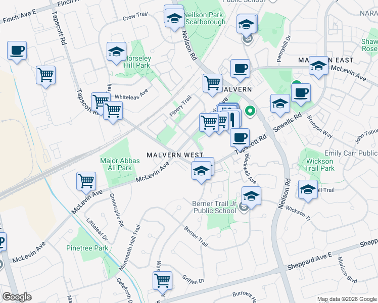 map of restaurants, bars, coffee shops, grocery stores, and more near 25 Priya Lane in Toronto