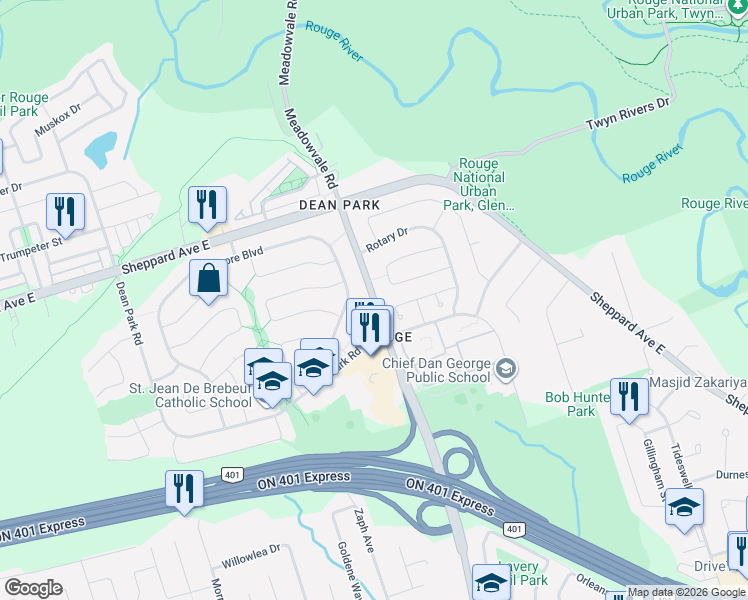map of restaurants, bars, coffee shops, grocery stores, and more near Meadowvale Road in Toronto
