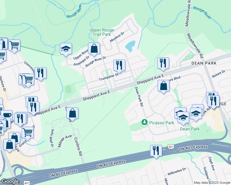 map of restaurants, bars, coffee shops, grocery stores, and more near 5 Ecopark Gate in Toronto