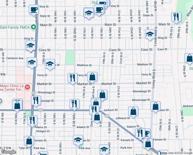 map of restaurants, bars, coffee shops, grocery stores, and more near 430 18th Place South in La Crosse