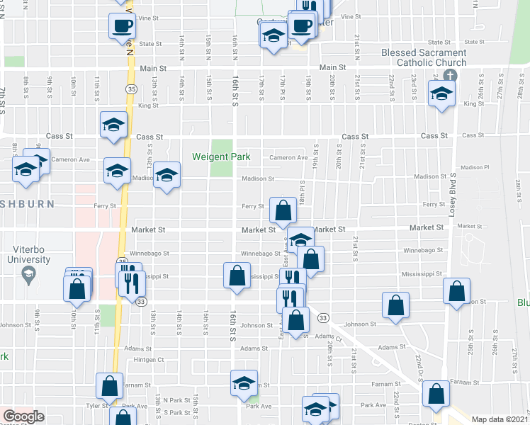 map of restaurants, bars, coffee shops, grocery stores, and more near 524 17th Street South in La Crosse