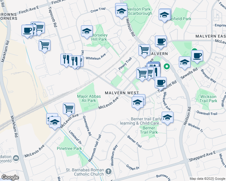 map of restaurants, bars, coffee shops, grocery stores, and more near 200 McLevin Avenue in Toronto