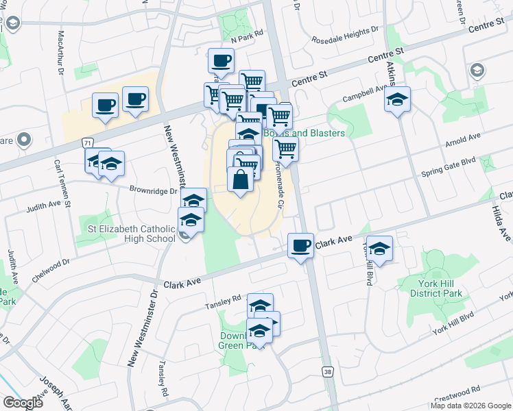 map of restaurants, bars, coffee shops, grocery stores, and more near 50 Upper Mall Way in Vaughan