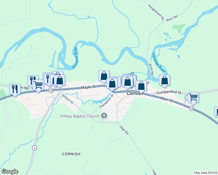map of restaurants, bars, coffee shops, grocery stores, and more near 8 Maple Street in Cornish