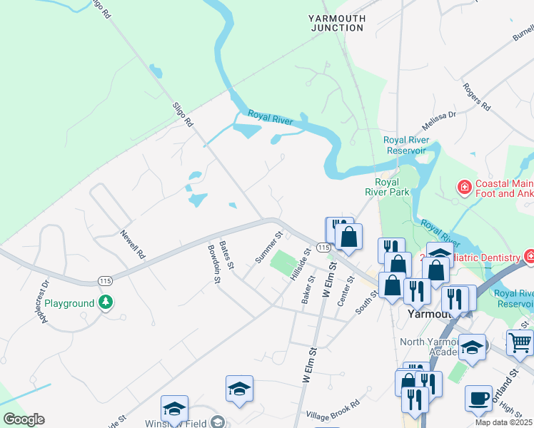 map of restaurants, bars, coffee shops, grocery stores, and more near 97 West Main Street in Yarmouth