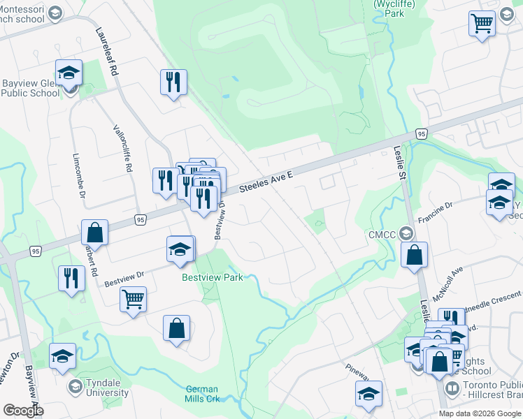 map of restaurants, bars, coffee shops, grocery stores, and more near 8 Topaz Gate in Toronto