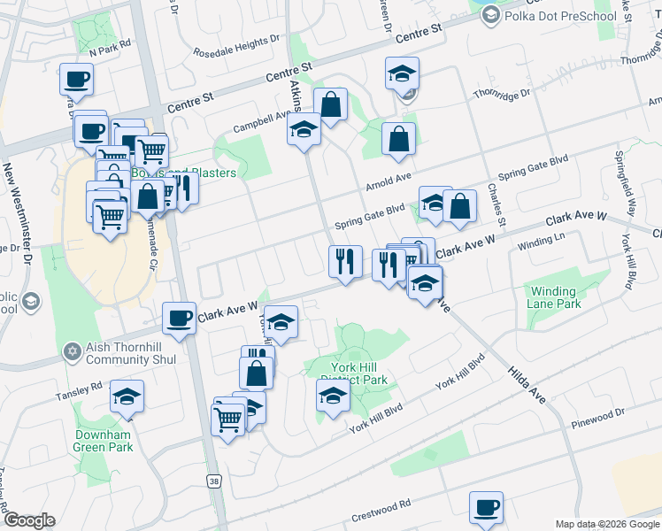 map of restaurants, bars, coffee shops, grocery stores, and more near 45 Tangreen Circle in Vaughan