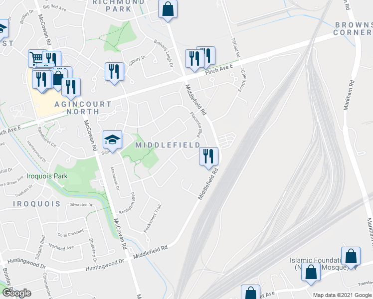 map of restaurants, bars, coffee shops, grocery stores, and more near 79 Placentia Boulevard in Toronto