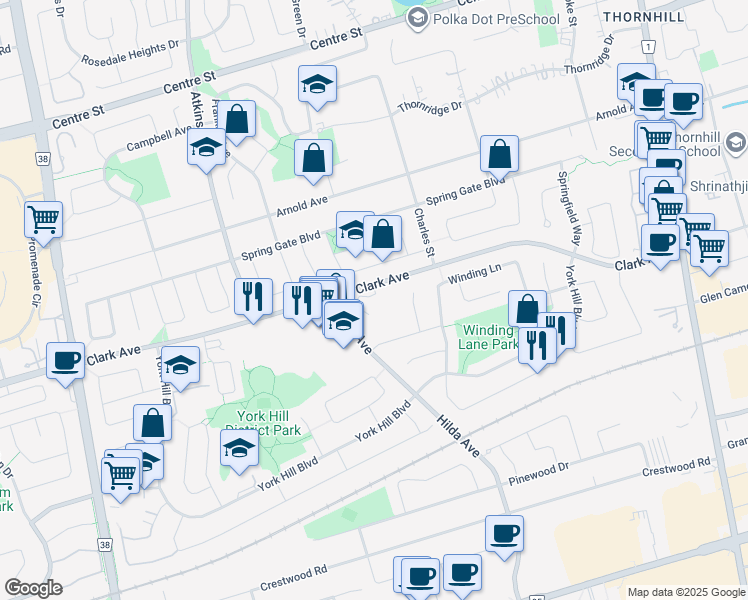 map of restaurants, bars, coffee shops, grocery stores, and more near 333 Clark Avenue West in Vaughan