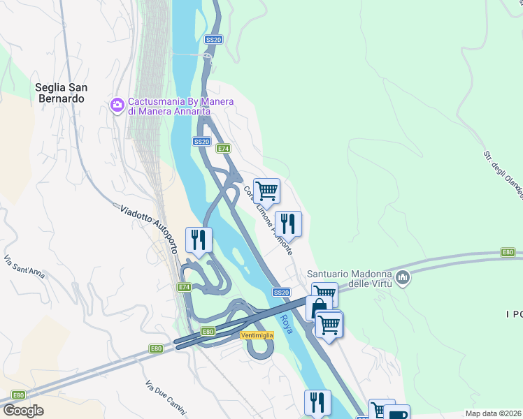 map of restaurants, bars, coffee shops, grocery stores, and more near 116 Corso Limone Piemonte in Ventimiglia