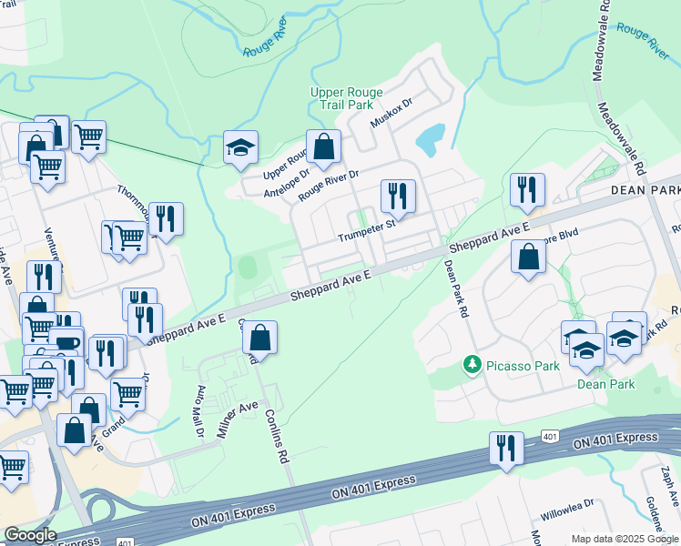 map of restaurants, bars, coffee shops, grocery stores, and more near in Toronto