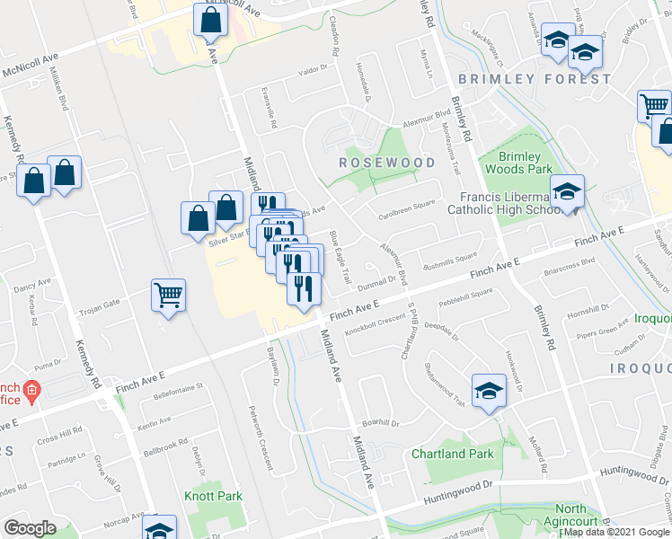 map of restaurants, bars, coffee shops, grocery stores, and more near 14 Blue Eagle Trail in Toronto