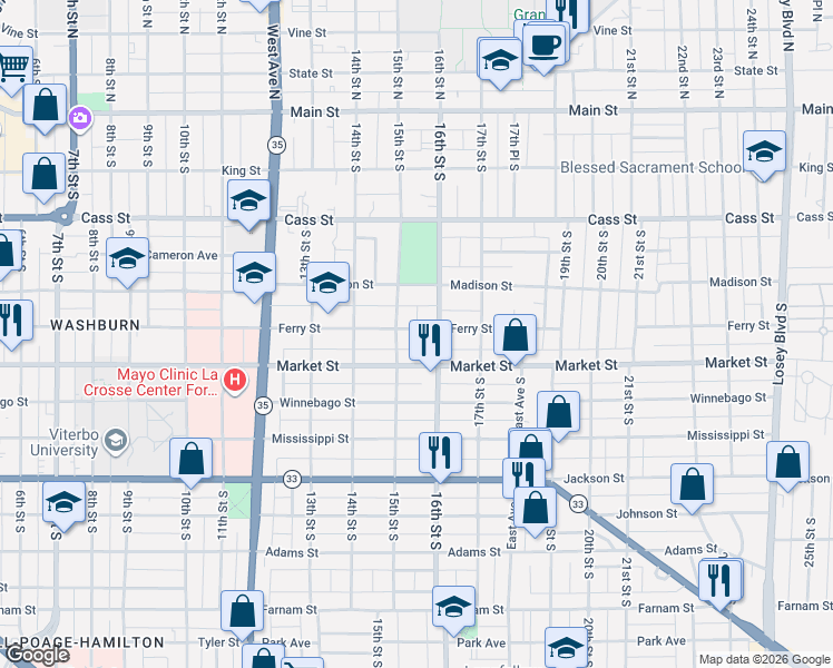 map of restaurants, bars, coffee shops, grocery stores, and more near 530 16th Street South in La Crosse