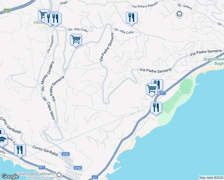 map of restaurants, bars, coffee shops, grocery stores, and more near 245 Via Padre Semeria in Sanremo