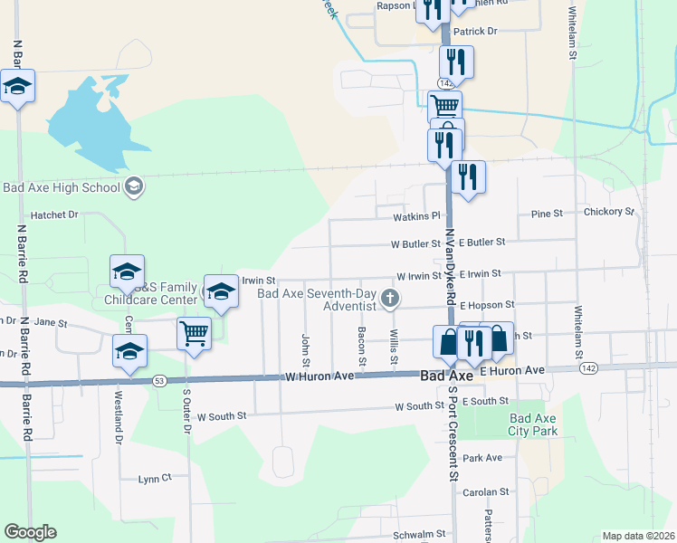 map of restaurants, bars, coffee shops, grocery stores, and more near 430 Cleveland Street in Bad Axe