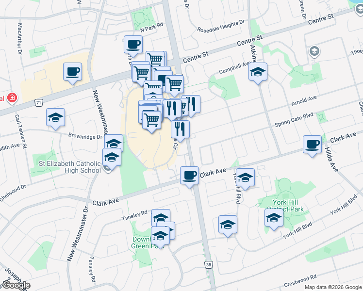 map of restaurants, bars, coffee shops, grocery stores, and more near 7460 Bathurst Street in Vaughan
