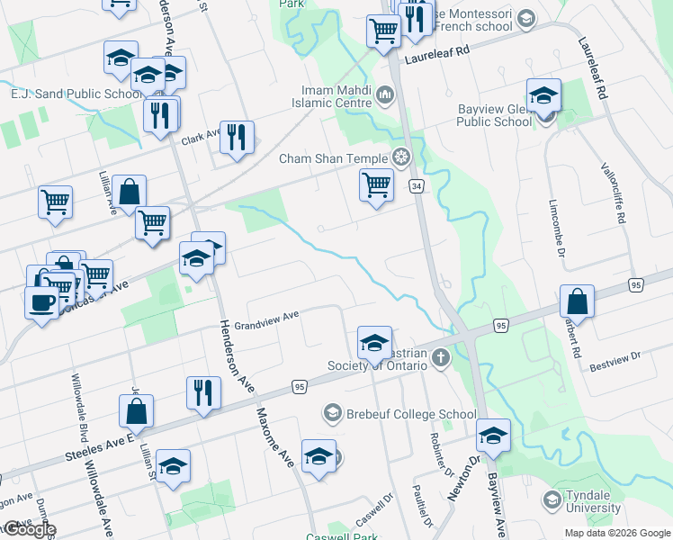 map of restaurants, bars, coffee shops, grocery stores, and more near 56 Almond Avenue in Markham