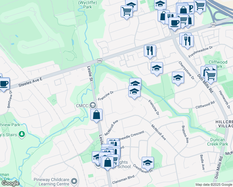 map of restaurants, bars, coffee shops, grocery stores, and more near 96 Francine Drive in Toronto