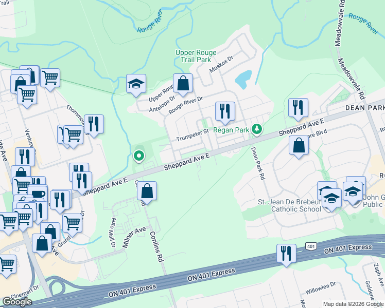 map of restaurants, bars, coffee shops, grocery stores, and more near 8822 Sheppard Avenue East in Toronto