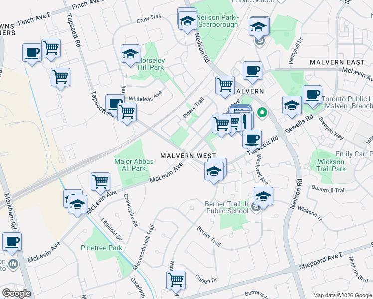 map of restaurants, bars, coffee shops, grocery stores, and more near 236 McLevin Avenue in Toronto
