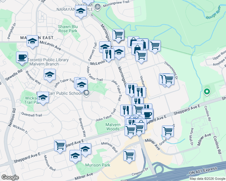 map of restaurants, bars, coffee shops, grocery stores, and more near in Toronto