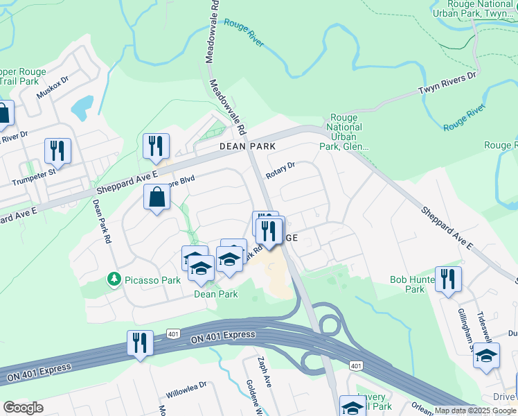 map of restaurants, bars, coffee shops, grocery stores, and more near 290 Braymore Boulevard in Toronto