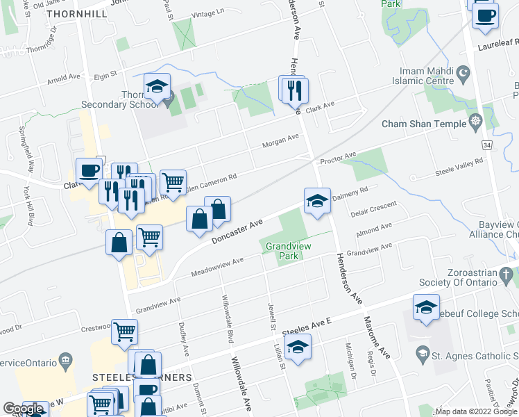 map of restaurants, bars, coffee shops, grocery stores, and more near 118 Doncaster Avenue in Markham