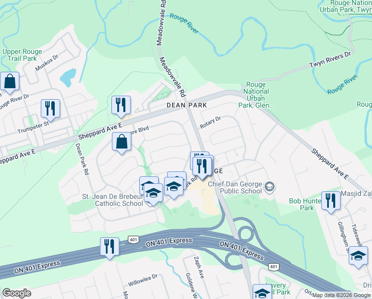 map of restaurants, bars, coffee shops, grocery stores, and more near 283 Braymore Boulevard in Toronto