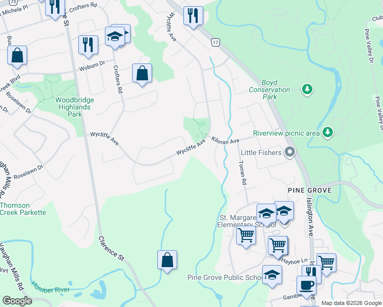 map of restaurants, bars, coffee shops, grocery stores, and more near 279 Wycliffe Avenue in Vaughan