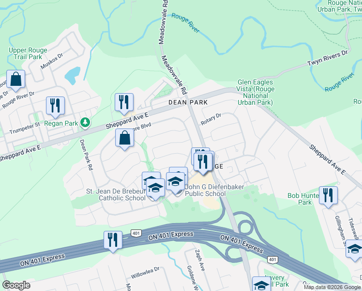 map of restaurants, bars, coffee shops, grocery stores, and more near 117 Millhouse Crescent in Toronto