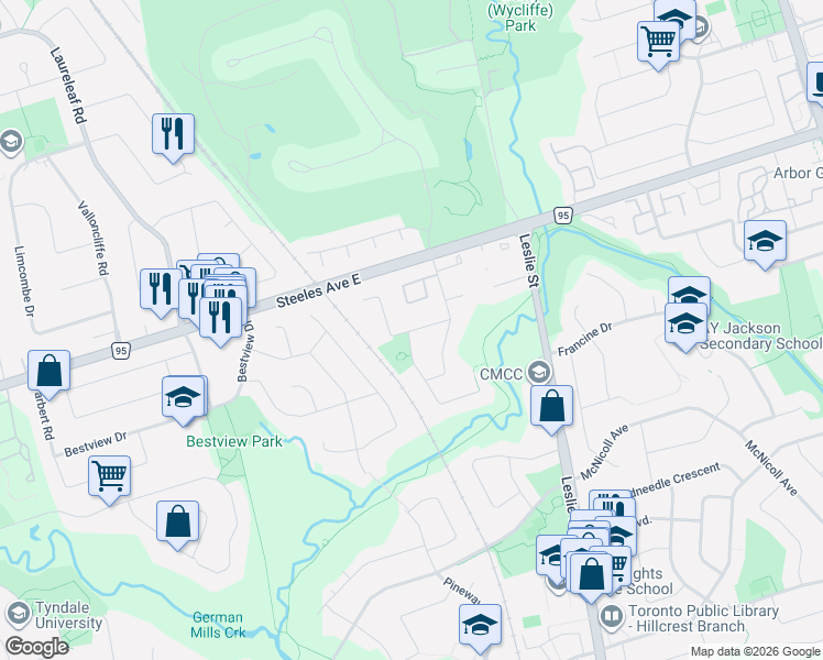 map of restaurants, bars, coffee shops, grocery stores, and more near 60 Saddletree Drive in Toronto