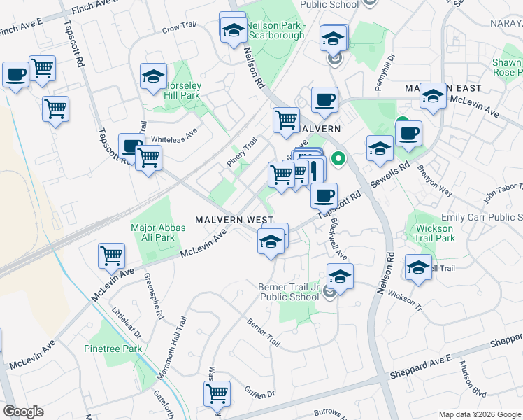 map of restaurants, bars, coffee shops, grocery stores, and more near 30 Liben Way in Toronto