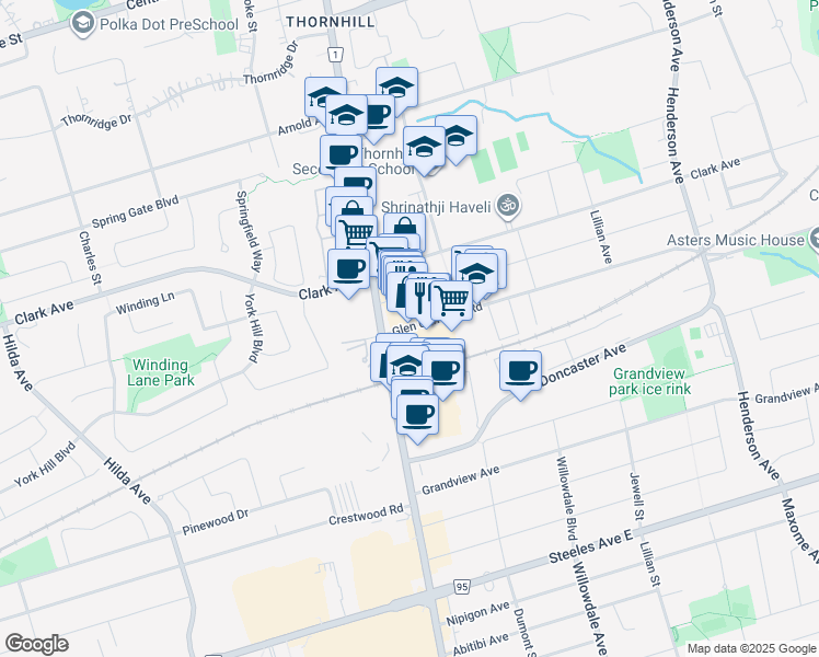 map of restaurants, bars, coffee shops, grocery stores, and more near 7299 Yonge Street in Vaughan