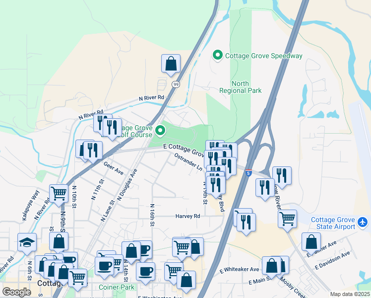 map of restaurants, bars, coffee shops, grocery stores, and more near 1700 North Douglas Avenue in Cottage Grove