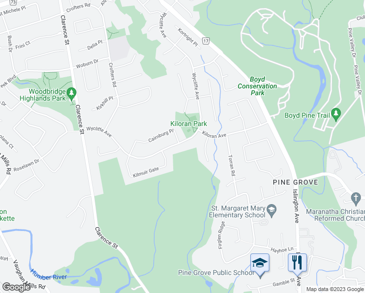 map of restaurants, bars, coffee shops, grocery stores, and more near 265 Wycliffe Avenue in Vaughan