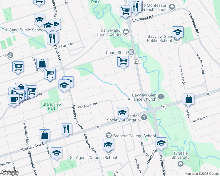 map of restaurants, bars, coffee shops, grocery stores, and more near 56 Almond Avenue in Markham