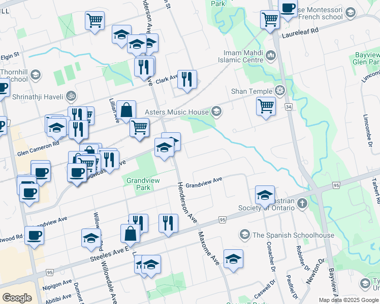 map of restaurants, bars, coffee shops, grocery stores, and more near 8 Delair Crescent in Markham