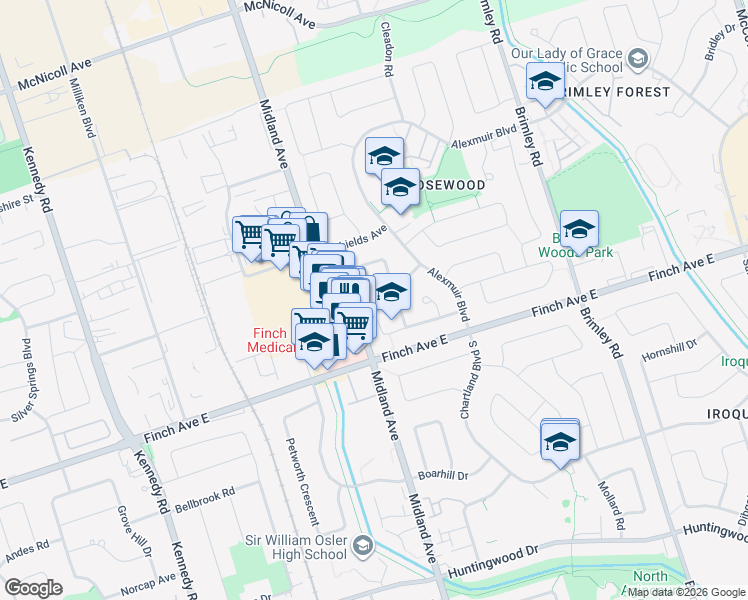 map of restaurants, bars, coffee shops, grocery stores, and more near 87 Dunmail Drive in Toronto