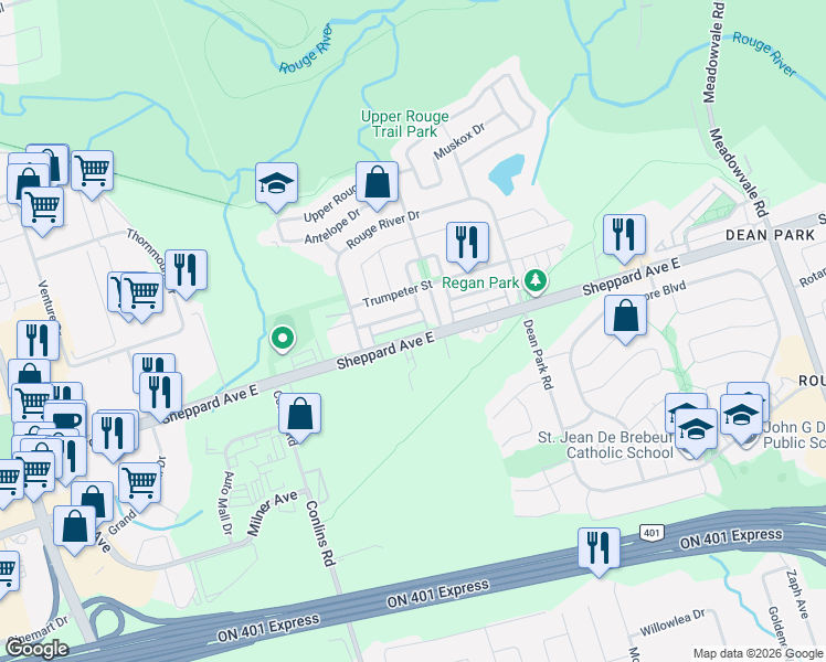 map of restaurants, bars, coffee shops, grocery stores, and more near 8834 Sheppard Avenue East in Toronto