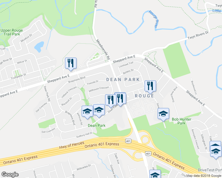 map of restaurants, bars, coffee shops, grocery stores, and more near 283 Braymore Boulevard in Toronto