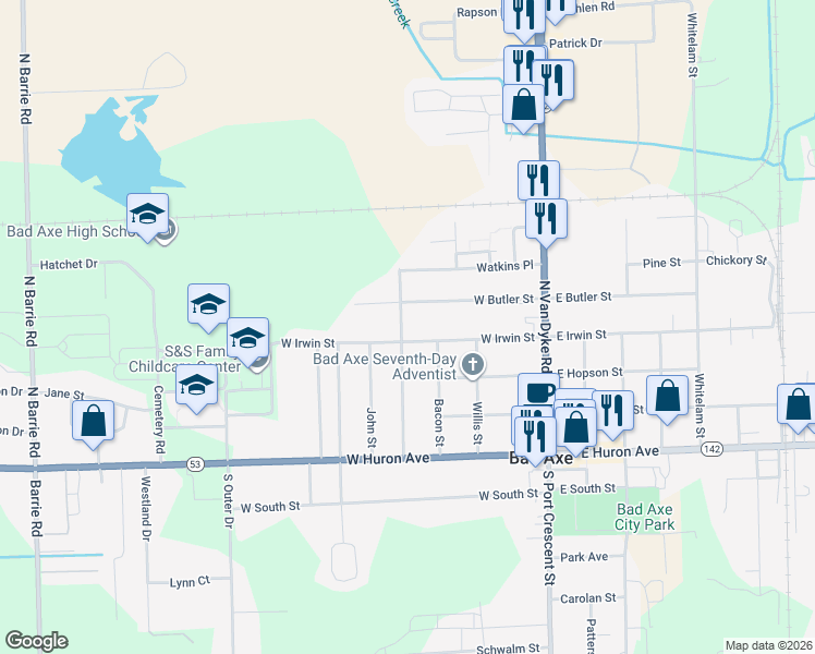 map of restaurants, bars, coffee shops, grocery stores, and more near 430 Cleveland Street in Bad Axe